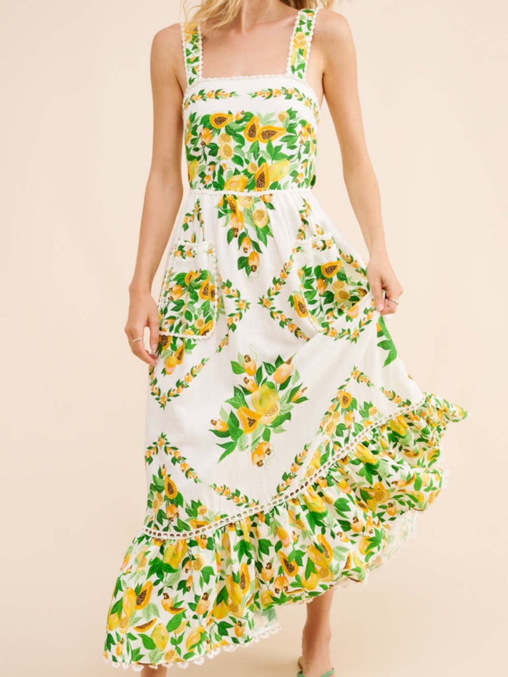 Farm Rio Linen Papaya Salad Scarf Maxi Dress Medium Ivory Combo